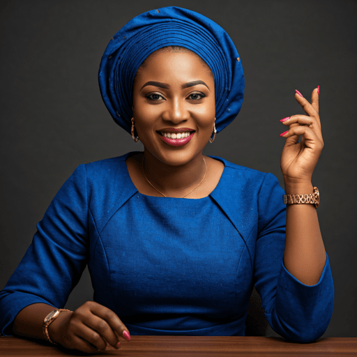 A confident Nigerian businesswoman in a modern Lagos office, wearing a blue gele