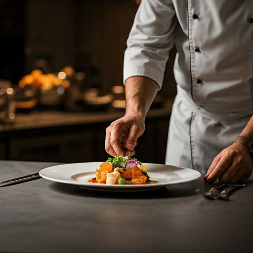 A fine-dining restaurant kitchen with a chef plating a vibrant dish