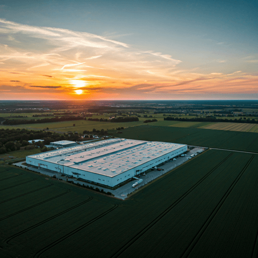 Aerial view of a modern factory and surrounding agricultural fields at sunset