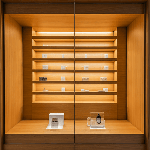 An upscale modern retail storefront with minimalist wooden shelves and warm designer lighting