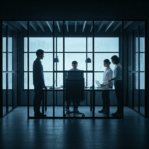 A team of tech professionals working in a sleek office with glass partitions
