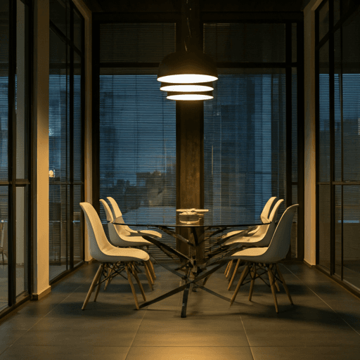 A modern high-end Lagos office with warm lighting and professional details